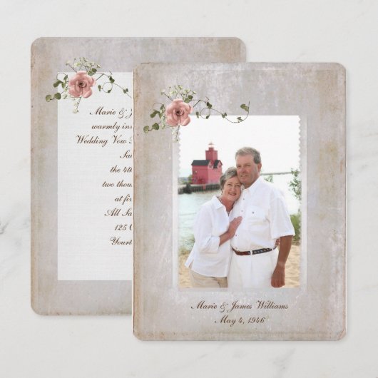 Invitation cadre photo texture et bouquet de rose (Devant / Derrière)