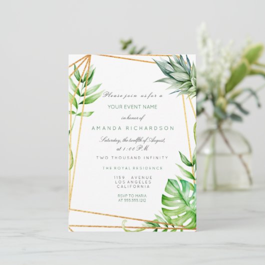 Invitation Cadre Polygonal Doré Tropical Melon Vert (Debout devant)