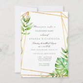 Invitation Cadre Polygonal Tropical Or Rayures Lignes Vert (Devant)