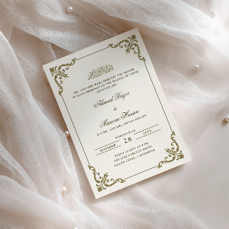 Invitation Cadre Rococo Orné Crème Brun Cérémonie Walima