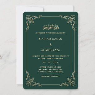 Invitation Cadre Rococo Orné Vert Émeraude Mariage Musulman