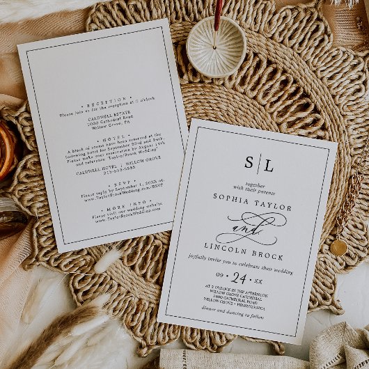 Invitation Cadre romantique Monogramme Noir Tout en un Mariag