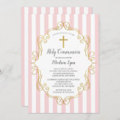 Invitation Cadre rose et or Première communion sainte (Devant / Derrière)