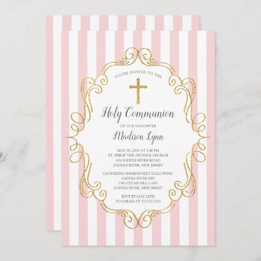 Invitation Cadre rose et or Première communion sainte (Devant / Derrière)