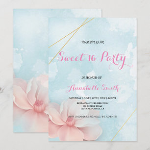 Invitation Cadre rose floral or bleu aquarelle douce 16