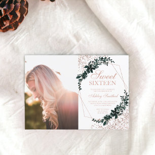 Invitation Cadre rose or vert confetti photo Sweet 16