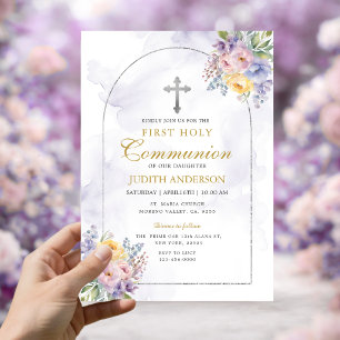 Invitation Cadre Roses Violettes Première Sainte Communion