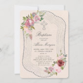 Invitation Cadre Rustique Baptême Floral Bourgogne Rose (Devant)