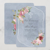 Invitation cadre rustique rose bordeaux première communion fl (Devant / Derrière)