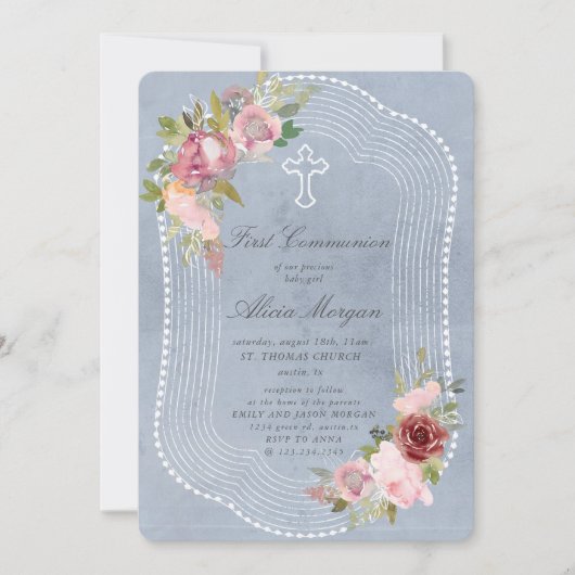 Invitation cadre rustique rose bordeaux première communion fl (Devant)