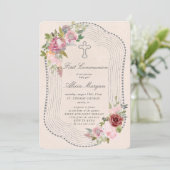 Invitation cadre rustique rose bordeaux première communion fl (Debout devant)