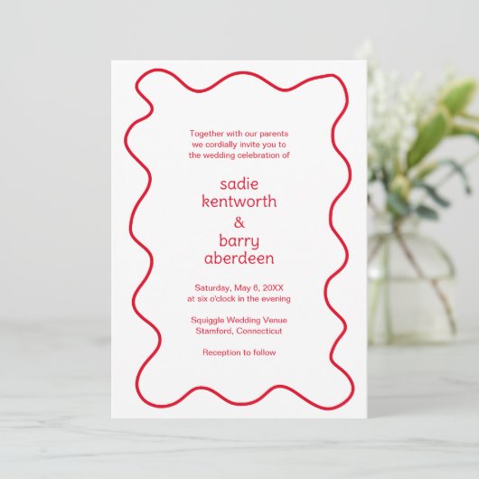 Invitation Cadre simple Red Squiggle Mariage moderne (Debout devant)