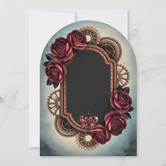 Invitation Cadre Steampunk avec Roses rouges et Engrenages (Dos)