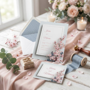 Invitation Cadre Texturé Mariage Feuille de Teal Rose Sakura