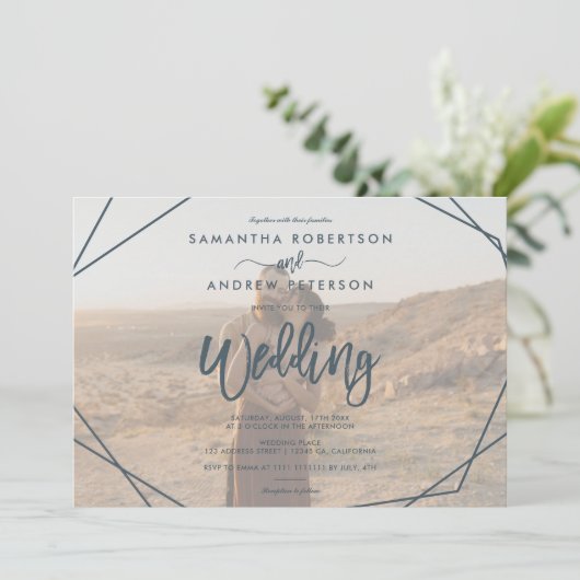 Invitation Cadre turquoise foncé simple script photo mariage (Debout devant)