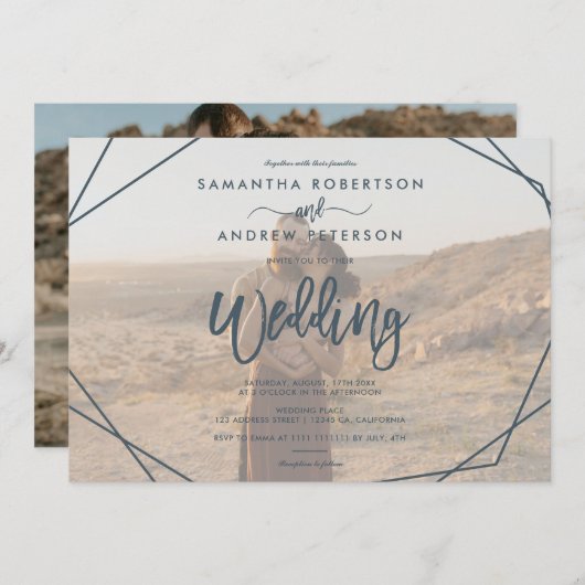 Invitation Cadre turquoise foncé simple script photo mariage (Devant / Derrière)