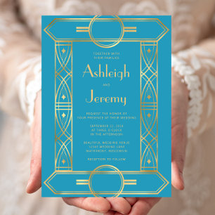 Invitation Cadre Turquoise Mariage Deco Vintage Or