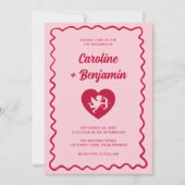 Invitation Cadre Vague Rétro Rouge Rose Cupidon Cœur Mariage (Devant)