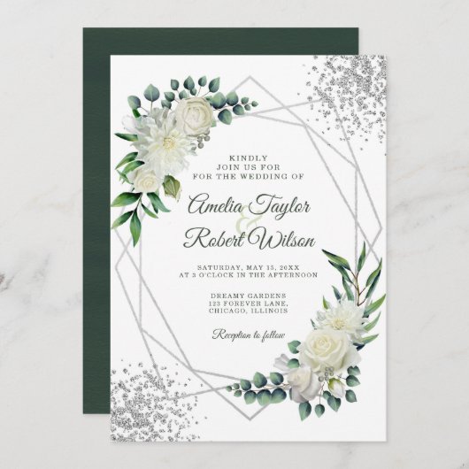 Invitation Cadre vert floral blanc (Devant / Derrière)