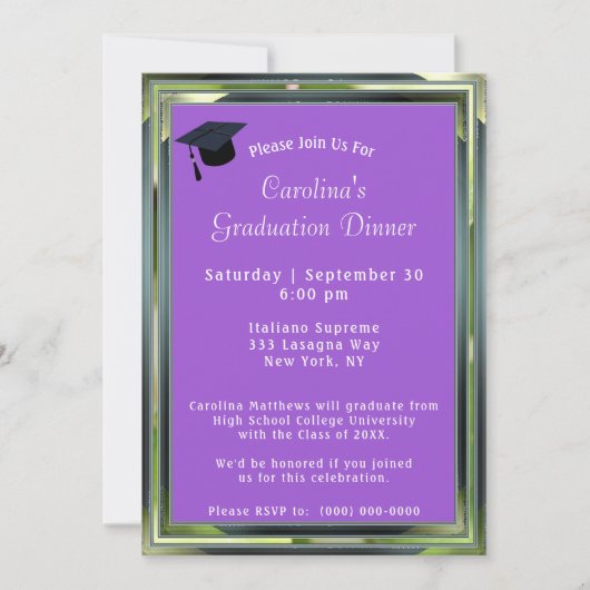 Invitation Cadre vert métal violet Dîner Casquette Graduation (Devant)