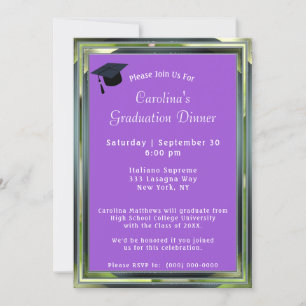 Invitation Cadre vert métal violet Dîner Casquette Graduation