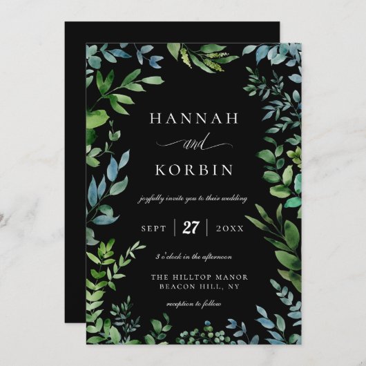 Invitation Cadre vert moderne | Mariage noir (Devant / Derrière)