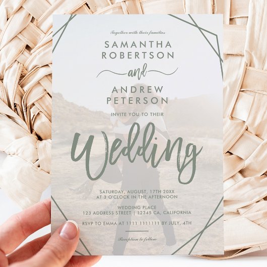 Invitation Cadre vert sauge simple script photo mariage