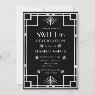 Invitation Cadre vintage Art Déco noir et argent pour Sweet 1