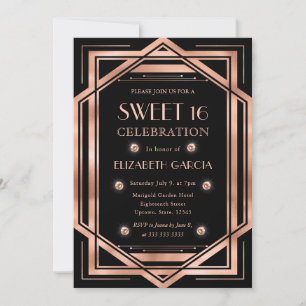 Invitation Cadre vintage Art Déco or rose et noir pour Sweet
