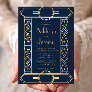 Invitation Cadre vintage déco or mariage bleu marine