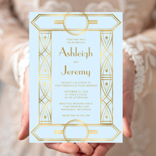 Invitation Cadre vintage doré déco mariage bleu bébé