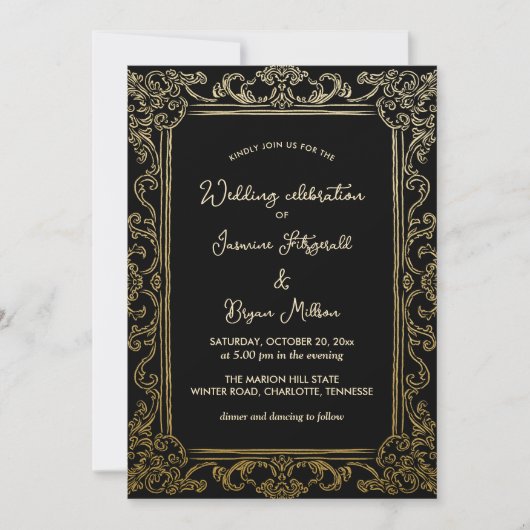 Invitation Cadre Vintage élégant | Noir Mariage (Devant)