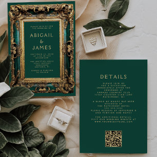 Invitation Cadre Vintage Émeraude Vert Or Code QR Mariage