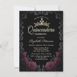 Invitation Cadre Vintage Fleurs Roses Rouge Foncé Quinceañera