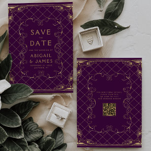Invitation Cadre Vintage Mariage Épargne Date Violet Or