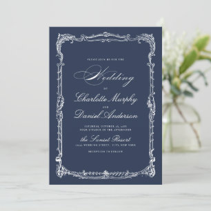 Invitation Cadre Vintage Navy Script Classique Simple Mariage