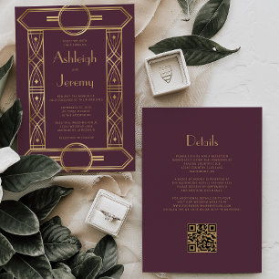 Invitation Cadre vintage or deco bordeaux code QR mariage