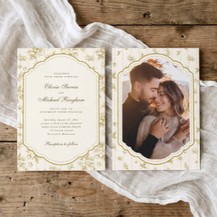 Invitation Cadre Vintage Or & Ivoire Toile Photo Mariage