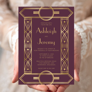 Invitation Cadre vintage or mariage bordeaux