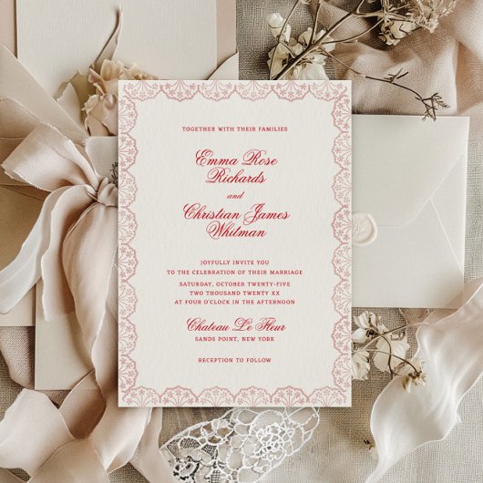 Invitation Cadre Vintage Romantique Mariage Rouge Fardé