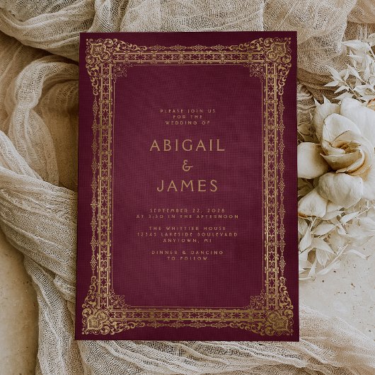 Invitation Cadre Vintage Rouge Or Mariage