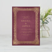 Invitation Cadre Vintage Rouge Or Mariage (Debout devant)