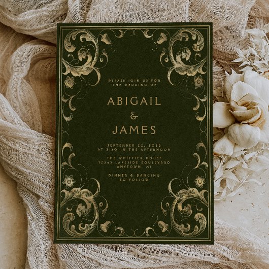 Invitation Cadre Vintage Vert Olive Or Mariage