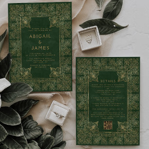 Invitation Cadre Vintage Vert Or Code QR Mariage