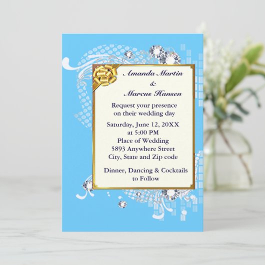 Invitation Cadres bleu & or & Diamants Image Wedding Invitati (Debout devant)