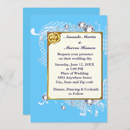 Invitation Cadres bleu & or & Diamants Image Wedding Invitati (Devant / Derrière)