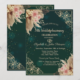 Invitation Cadres de coeurs Fleurs Vertes Mariage Anniversair