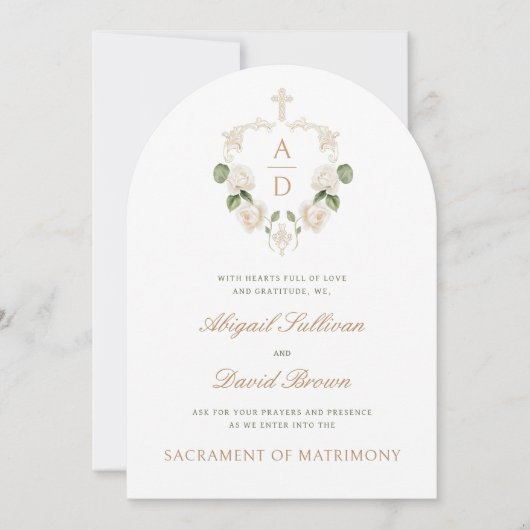 Invitation Cadres de Roses Blanches Monogrammes Mariage catho (Devant)