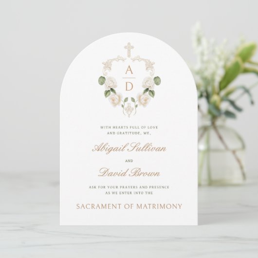 Invitation Cadres de Roses Blanches Monogrammes Mariage catho (Debout devant)