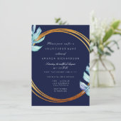Invitation Cadres d'or bleu marine Monogramme Mariage tropica (Debout devant)